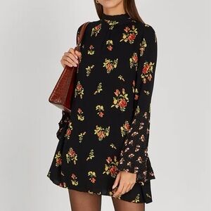 FREE PEOPLE Women’s Tate Black Floral Tie Neck Mini Shift Dress Tunic XS
